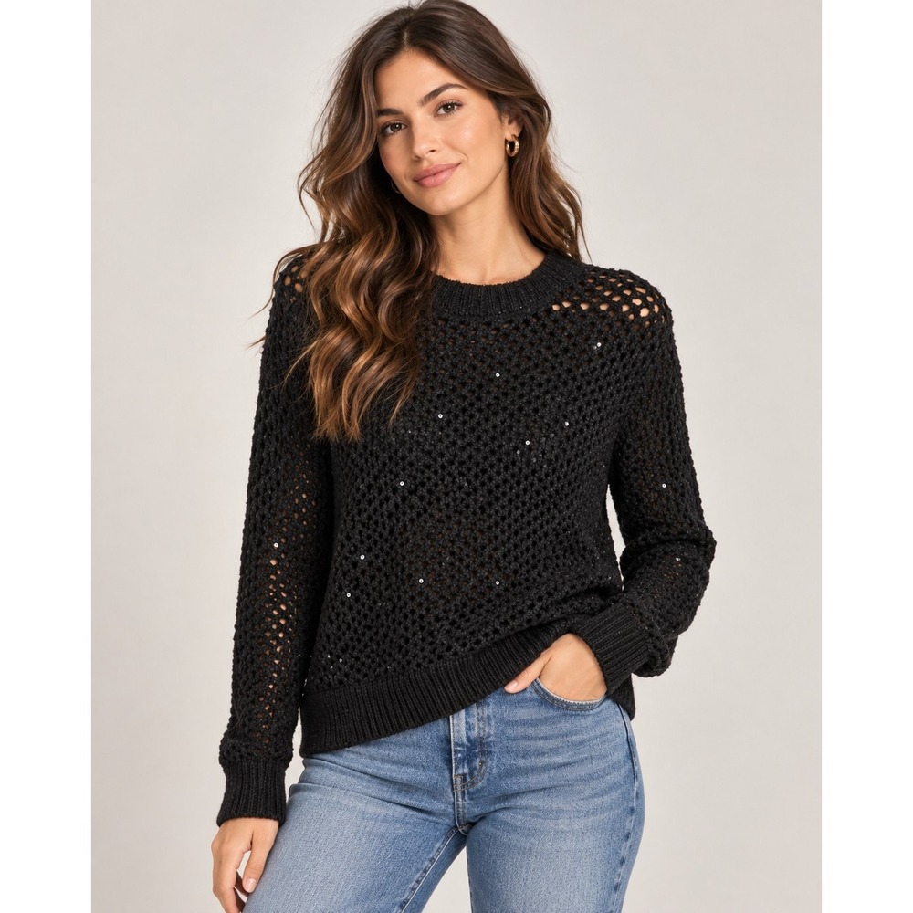 Jessica Simpson Women's Small Black Sequin Open Knit Sweater NWT Glam Y2K Party